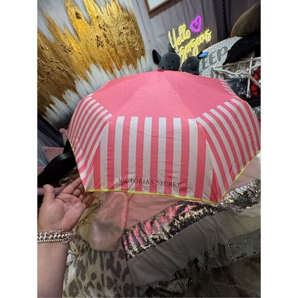 Victoria's secret VS signature stripe w/neon green trim & wristlet chain - Picture 3 of 10